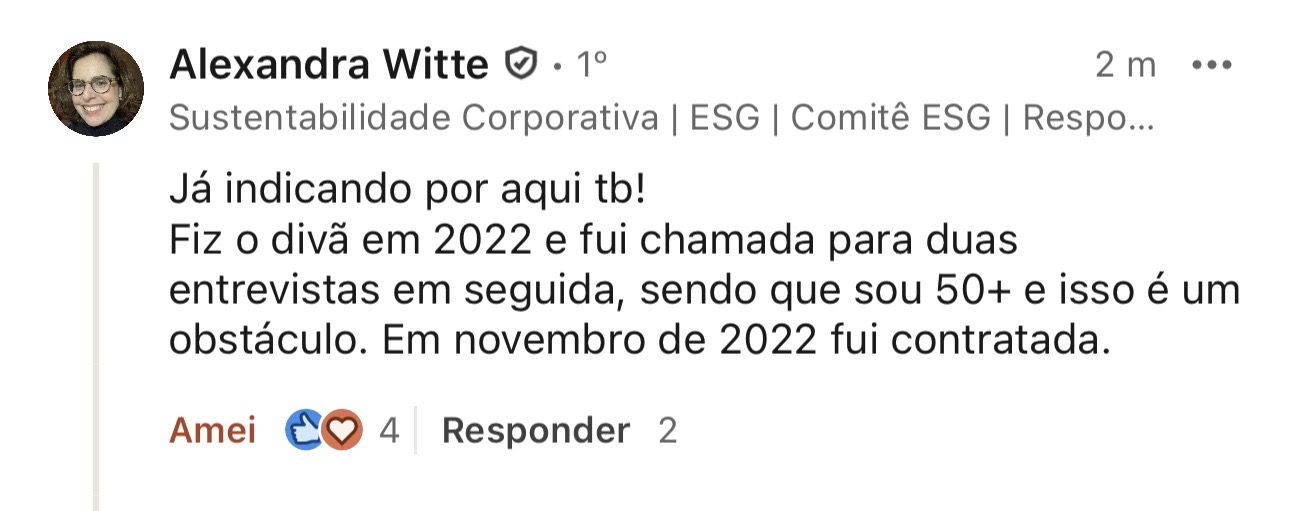 Depoimento sobre resultados após reestruturar o currículo para vagas de ESG