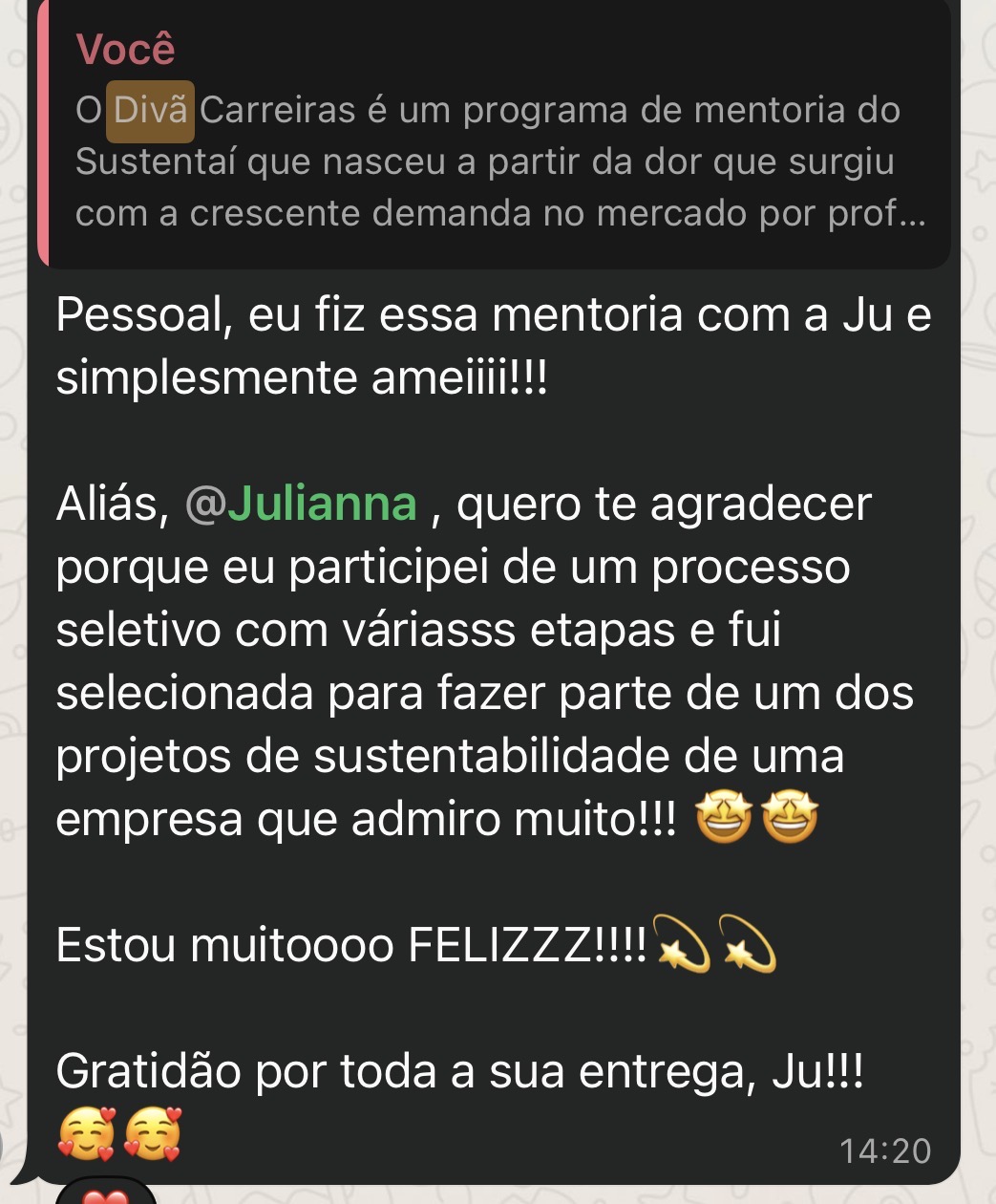 Depoimento de aluna aprovada em vaga de sustentabilidade